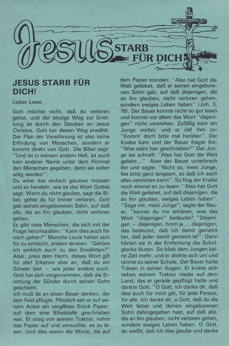 Johan Maasbach: Jesus starb für dich! (Traktat)